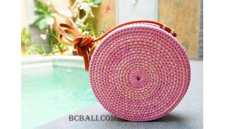 straw synthetic rattan circle bag color pink